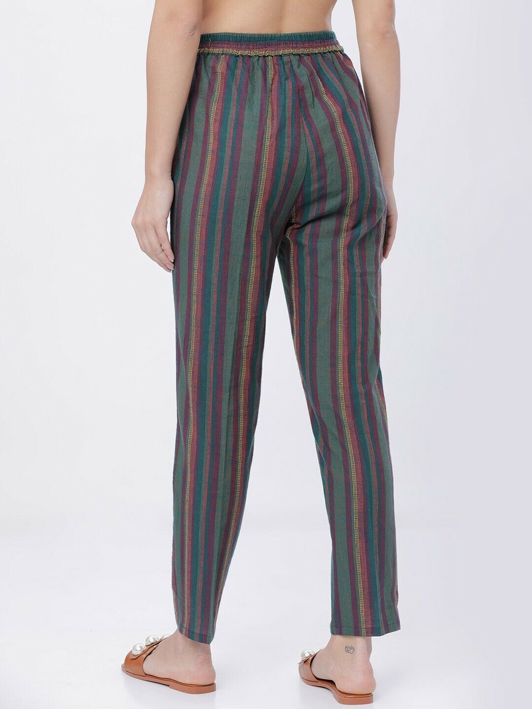 Women Trouser - Green & Pink Striped Peg Bollywood Bridal Pant Trousers