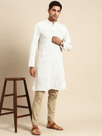 Men Kurta -Bollywood Indian White & Olive Green Ethnic Motifs Printed Kurta