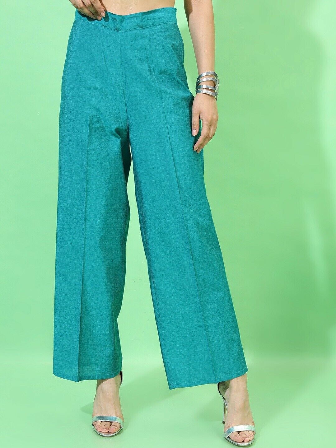 Women Kurta Set -Indian Traditional Diwali Teal High Slit Kurti with Trousers