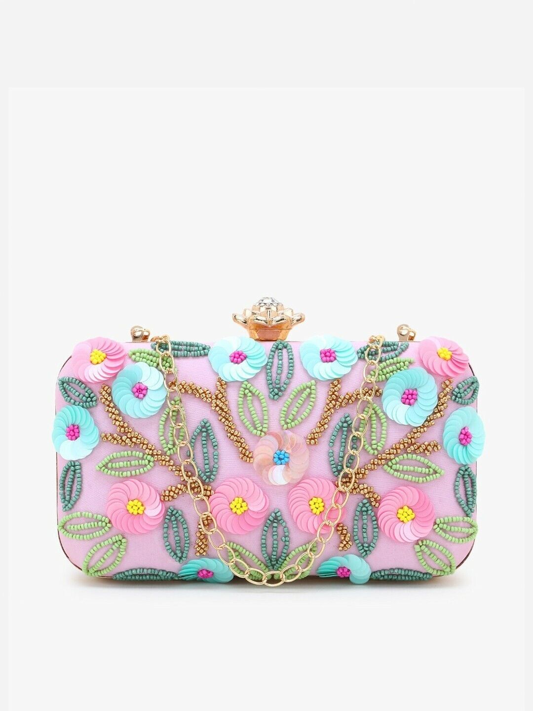 Women Clutches - Pink & Multicolored Floral Embellished Faux Silk Box Clutch