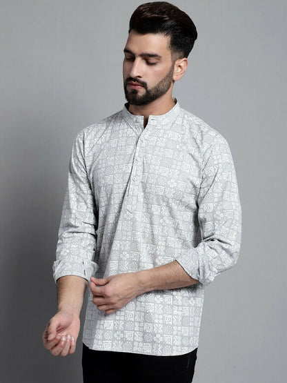 Men Kurta - Indian Bollywood Pakistani Festive Grey Ethnic Cotton Short Kurta