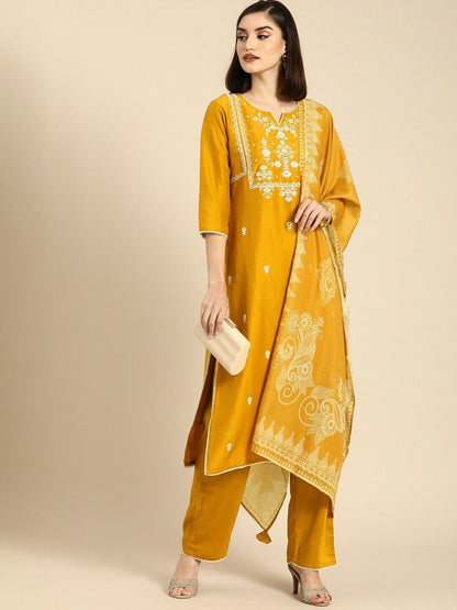 Women Kurta Set -Indian Festival Yellow Embroidered Kurta with Trouser & Dupatta