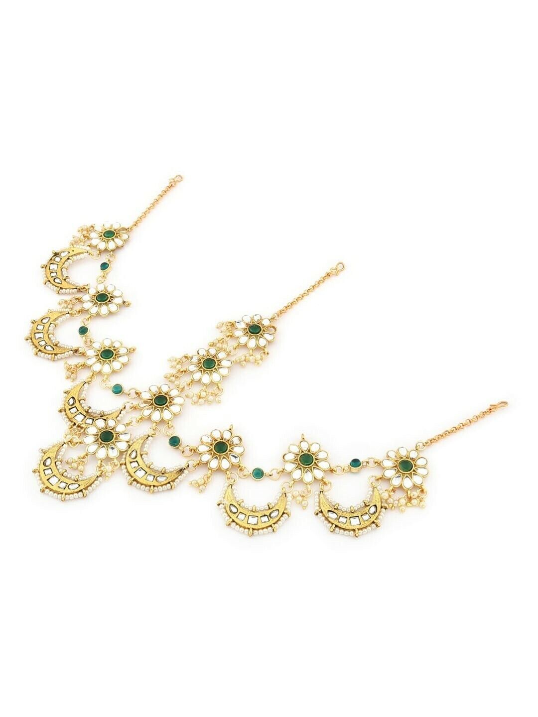 Bollywood Gold-Plated Green & White Stone-Studded & Beaded Mathapatti Maangtikka