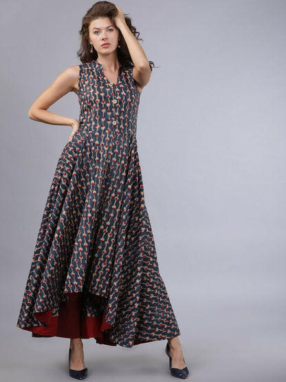 Women Dress - Bollywood India Bridal Wedding Navy Blue Printed A-Line Dress