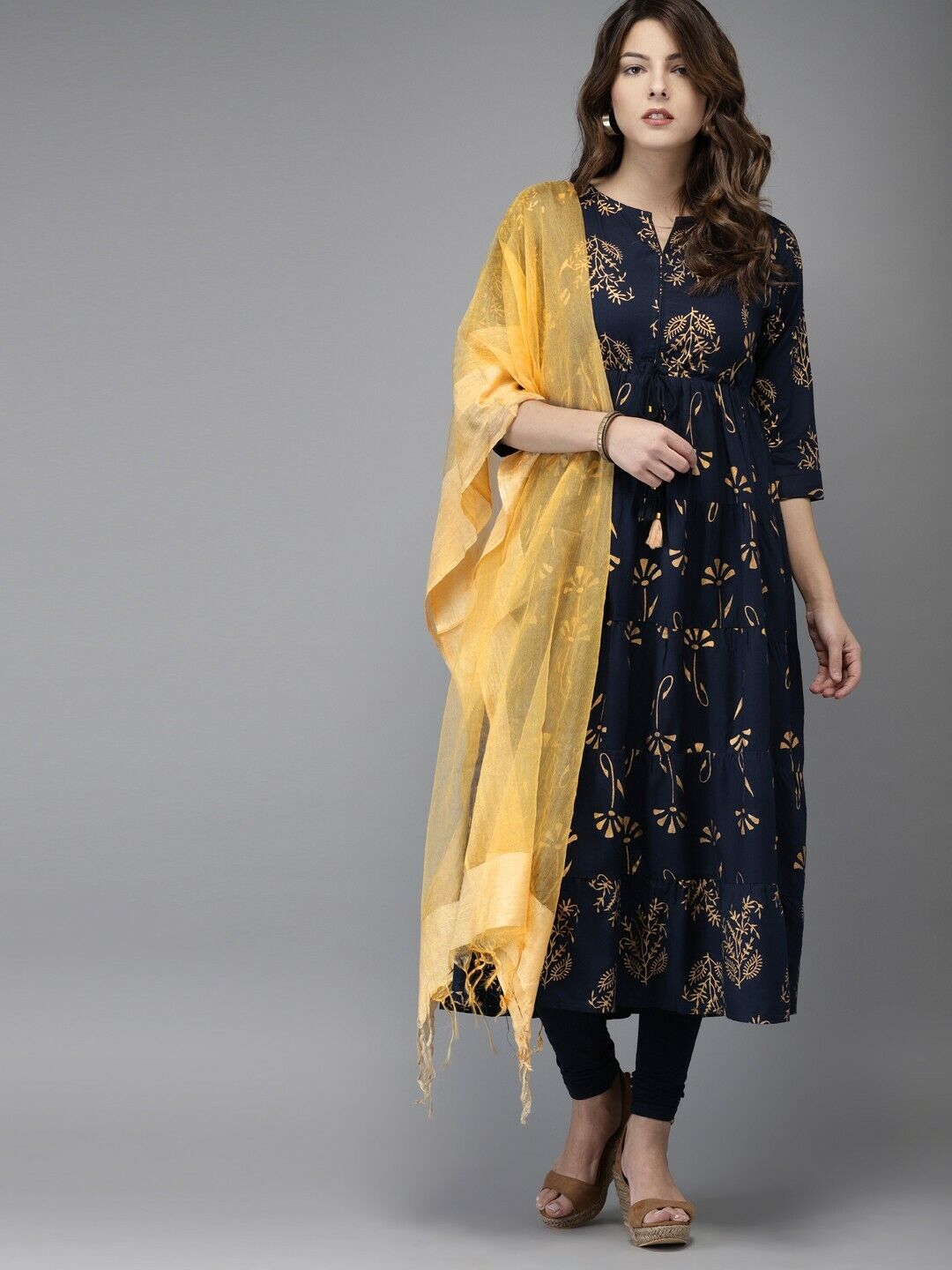 Women Kurta Set - Navy Blue & Gold-Toned Printed Kurta with Churidar & Dupatta