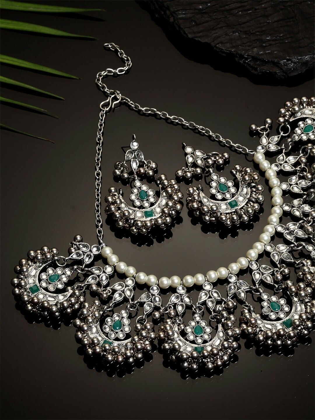 Oxidised Silver-Toned & White Kundan-Studded & Beaded Bollywood Jewellery Set