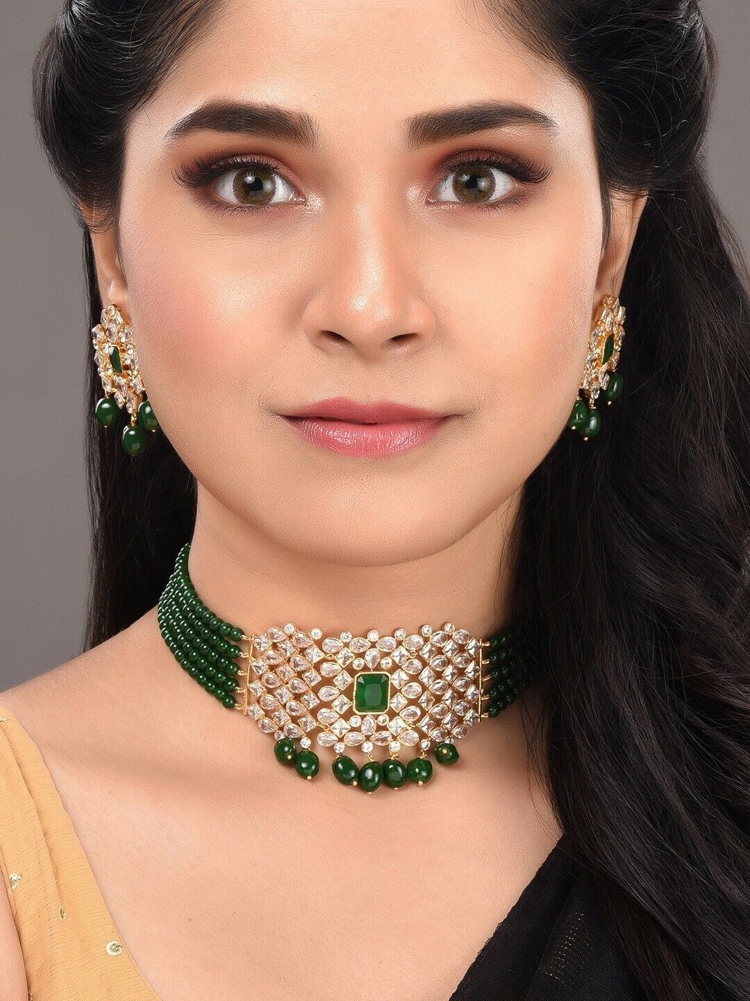 Gold-Plated White & Green American Diamond Studded Choker Indian Jewellery Set