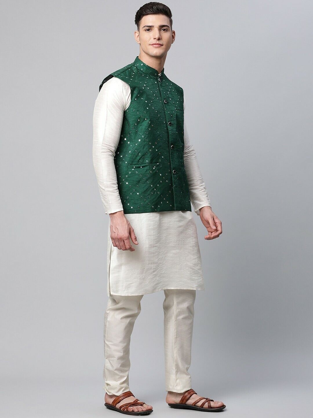 Men Jacket - Men Wedding Wear Green Mirror Work Embroidered Woven Nehru Jacket