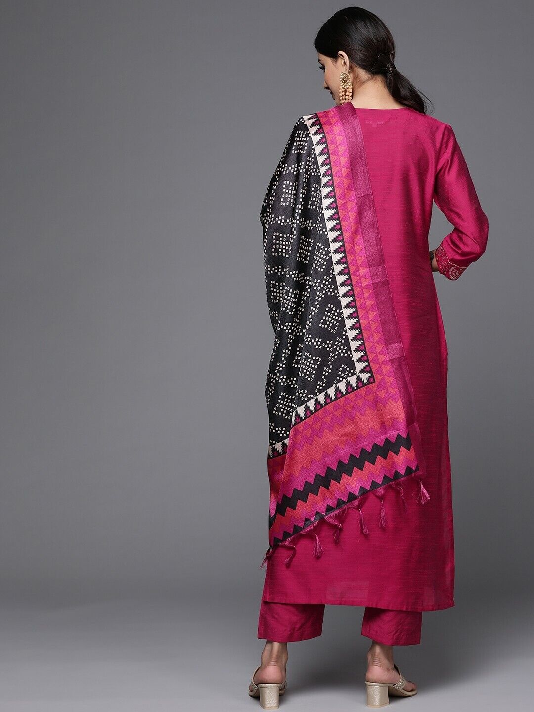 Women Kurta Set -Indian Traditional Diwali Magenta & Golden Kurta with Trousers