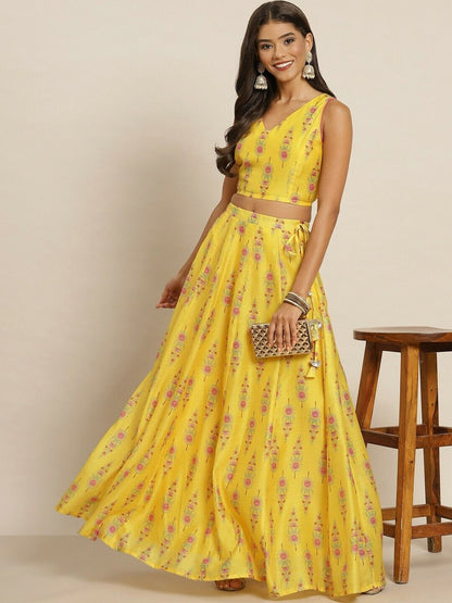 Women Lehenga - Bollywood Bridal Wedding Chanderi Printed Lehenga & Crop Top