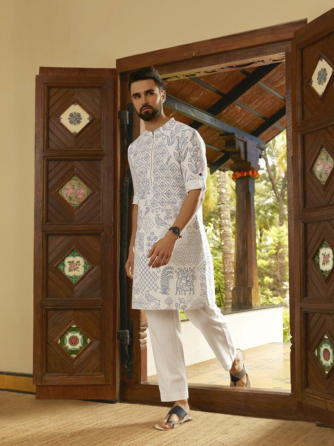 Men Kurta Set - Bollywood Indian Eid White Bandhani Printed Kurta with Trousers