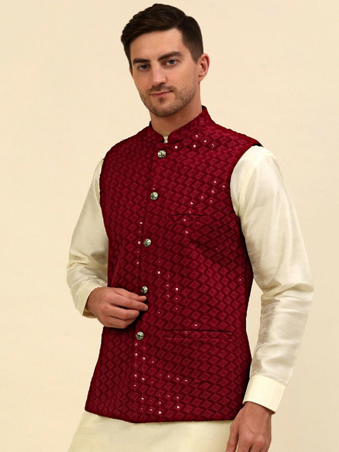 Men Jacket - Maroon Embroidered Sequined Diwali Indian Wedding Nehru Jacket