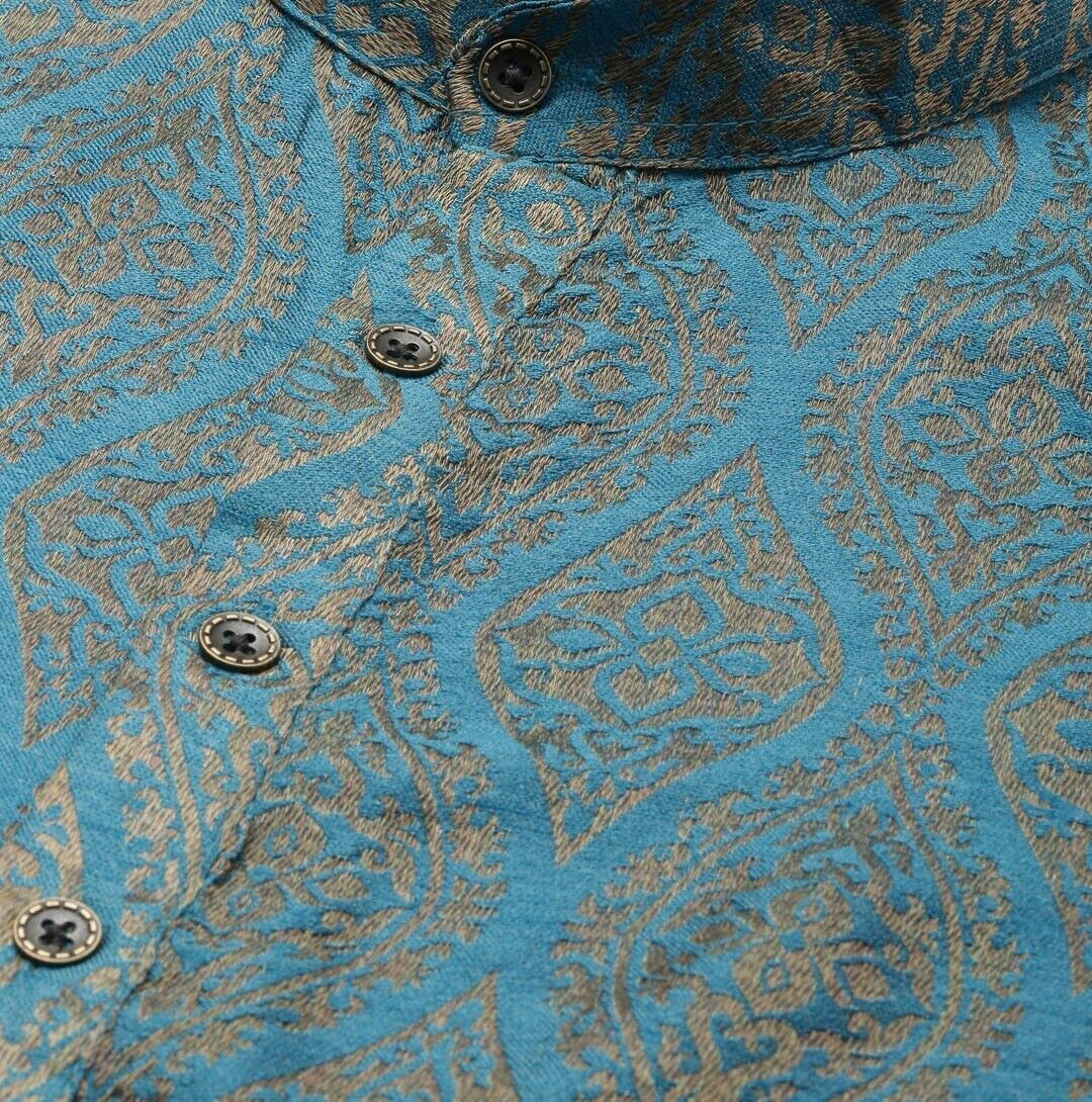 Mens Kurta Set - Men Teal Ethnic Motifs Kurta with Churidar & Nehru Jacket