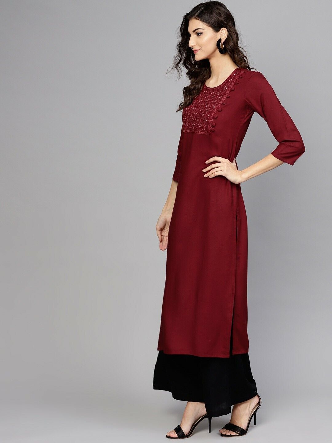 Women Kurta - Maroon Yoke Design Straight Bollywood Bridal Indian Kurta Dress