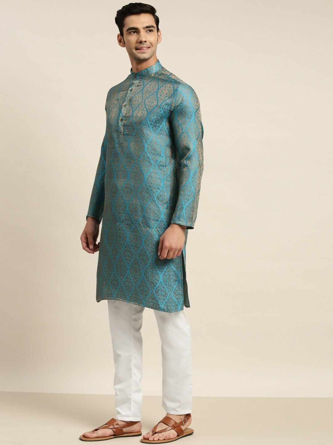 Mens Kurta Set - Men Teal Ethnic Motifs Kurta with Churidar & Nehru Jacket