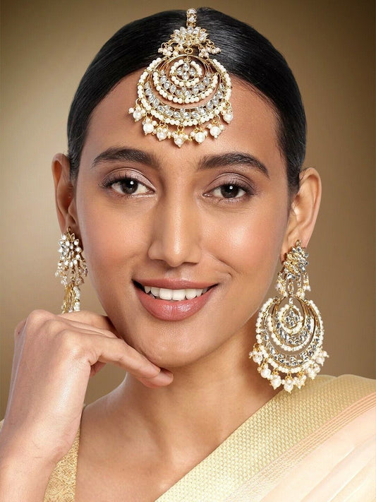 18K Gold-Plated & White Pearl Jewelry Bollywood Indian Maang Tikka Earring Set