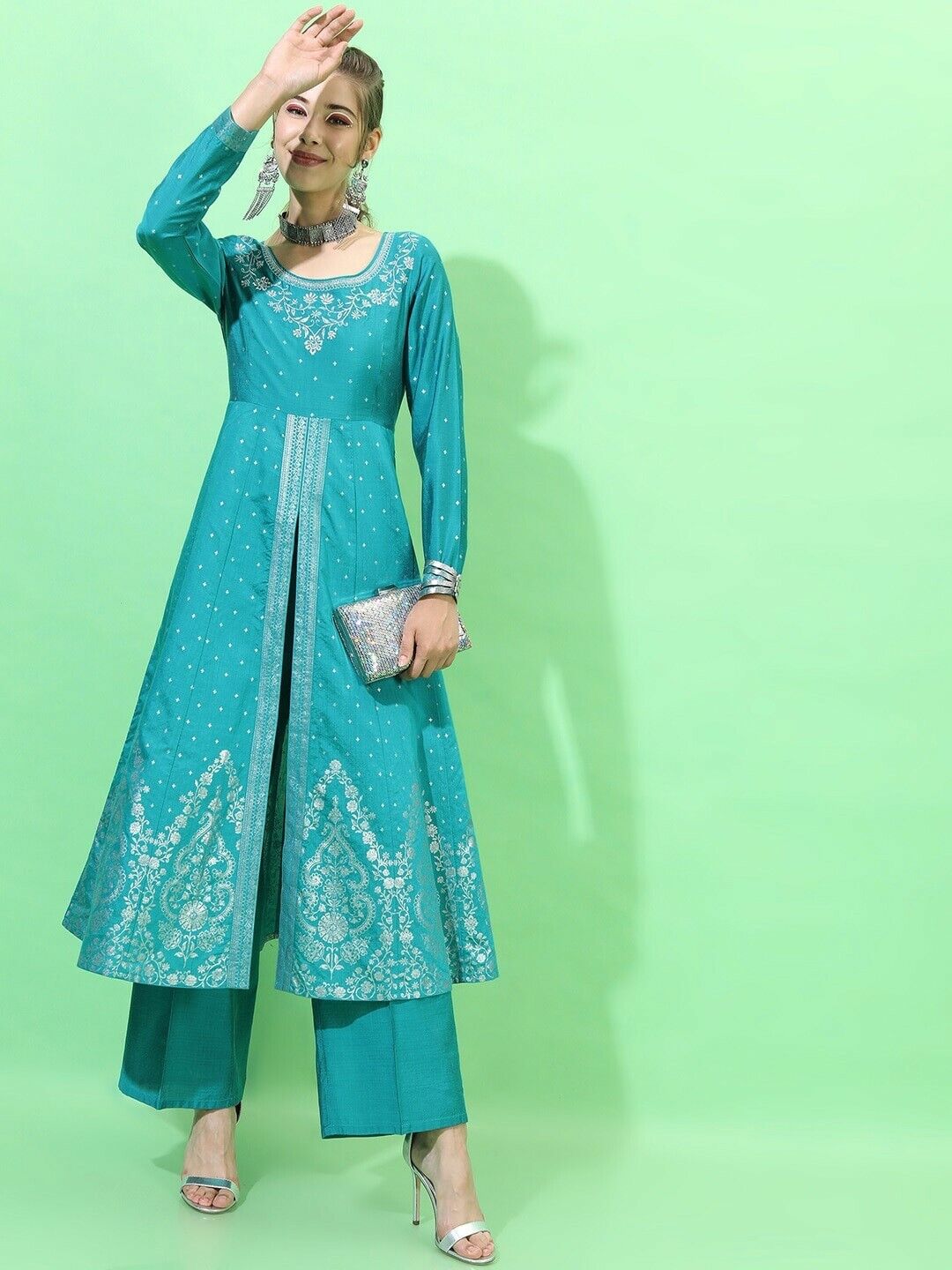 Women Kurta Set -Indian Traditional Diwali Teal High Slit Kurti with Trousers