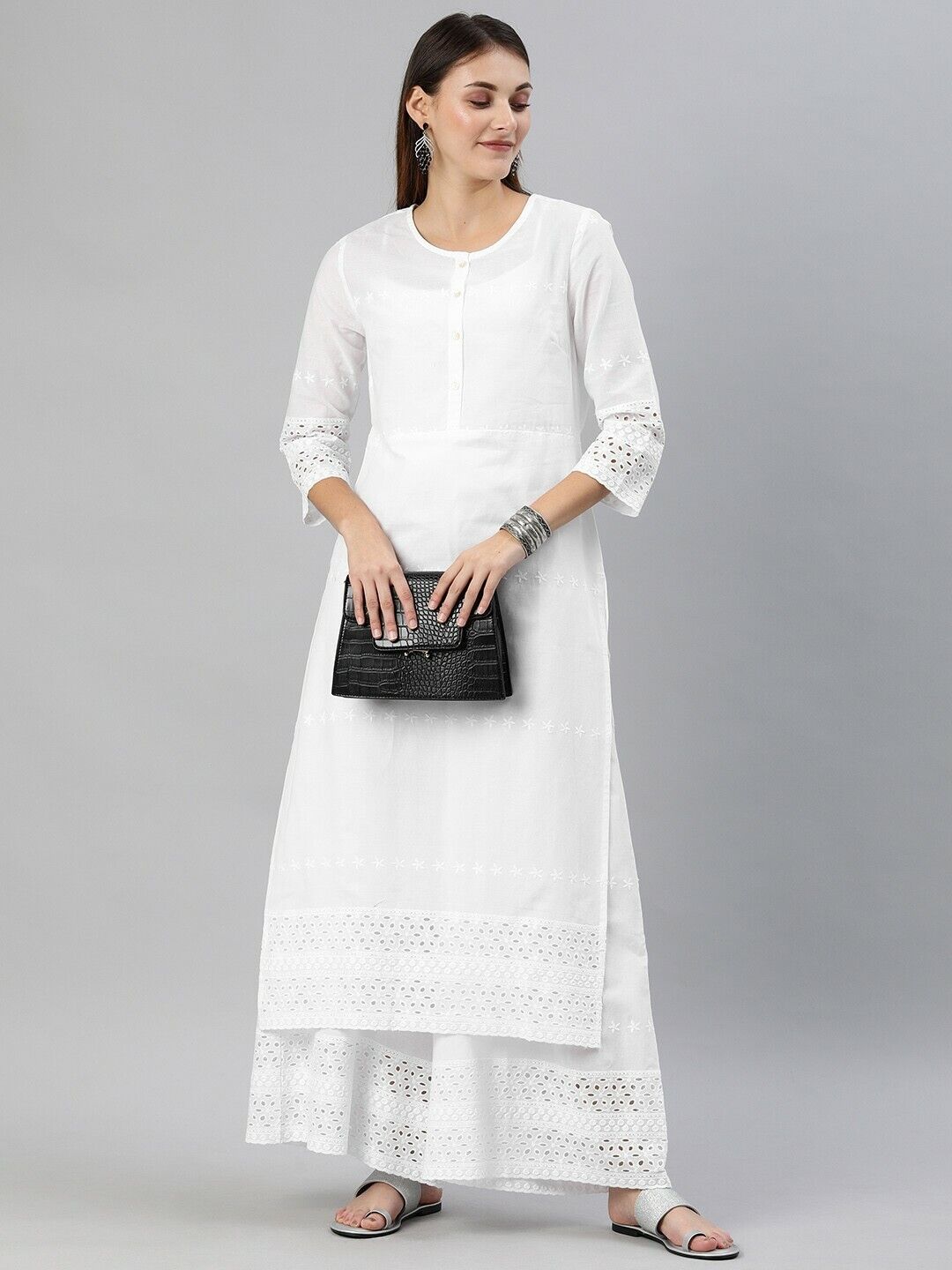 Women Kurta Set - White Embroidered Eid Diwali Bollywood Kurta with Palazzos