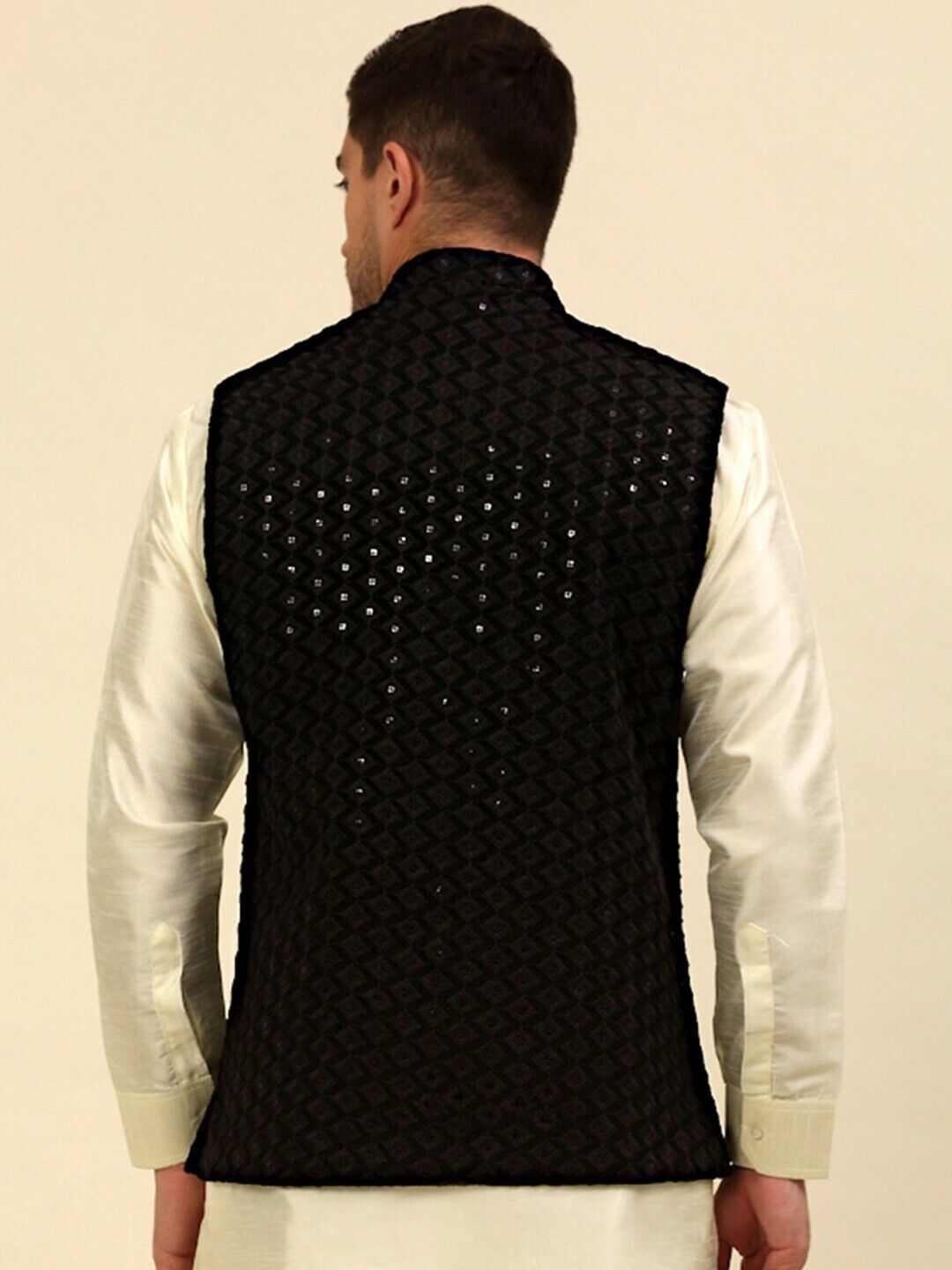 Men Jacket - Black Embroidered Sequined Diwali Indian Wedding Nehru Jacket