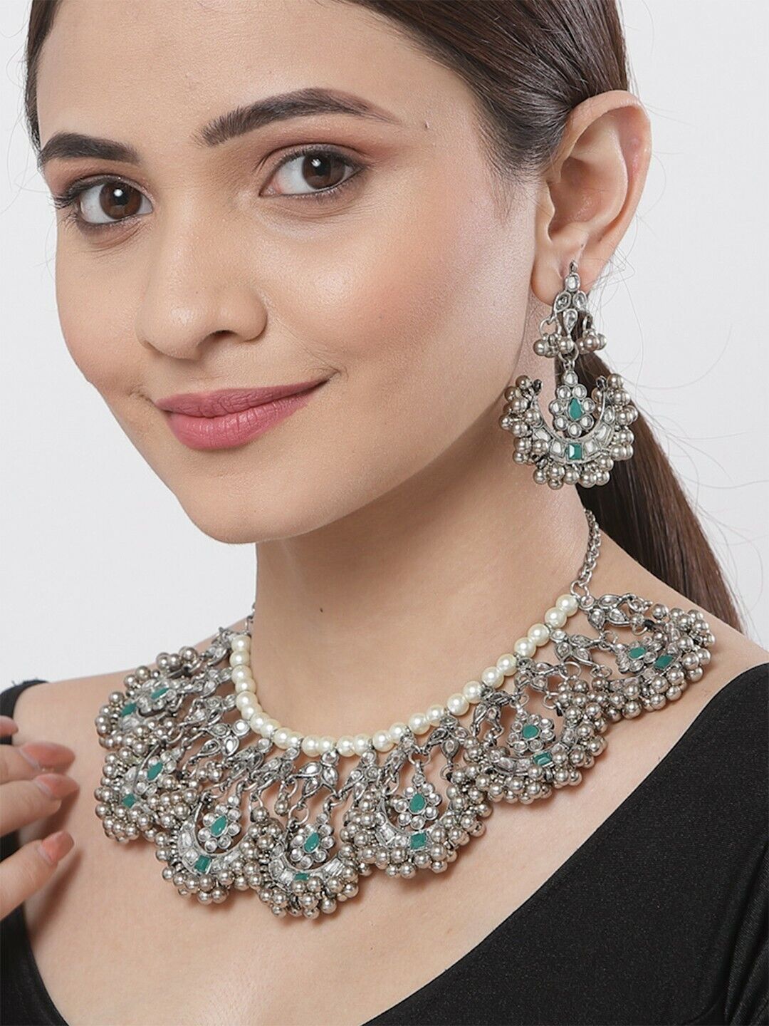 Oxidised Silver-Toned & White Kundan-Studded & Beaded Bollywood Jewellery Set