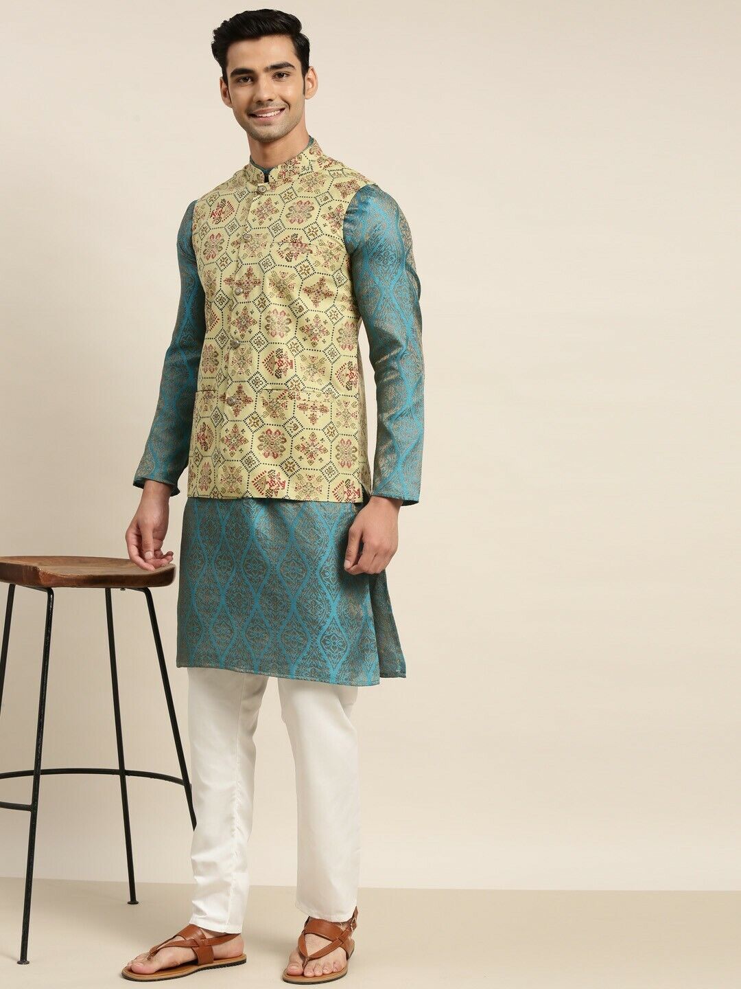 Mens Kurta Set - Men Teal Ethnic Motifs Kurta with Churidar & Nehru Jacket