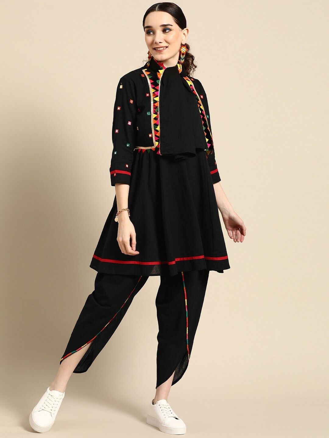 Women Set - Black Pure Cotton Mirror-Work Tunic & Dhoti Pants Set with Dupatta