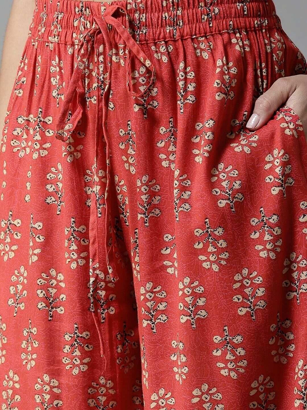 Women Trouser - Red & Beige Print Bollywood Baggy Gypsy Hippie Wide Leg Palazzos