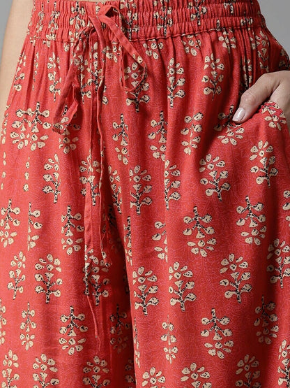 Women Trouser - Red & Beige Print Bollywood Baggy Gypsy Hippie Wide Leg Palazzos