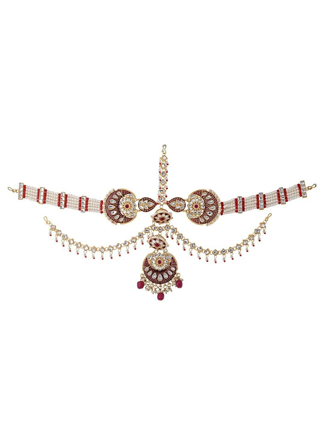 Gold-Plated Indian Bride Jewelry Pakistani Maroon Kundan Studded Sheeshphool