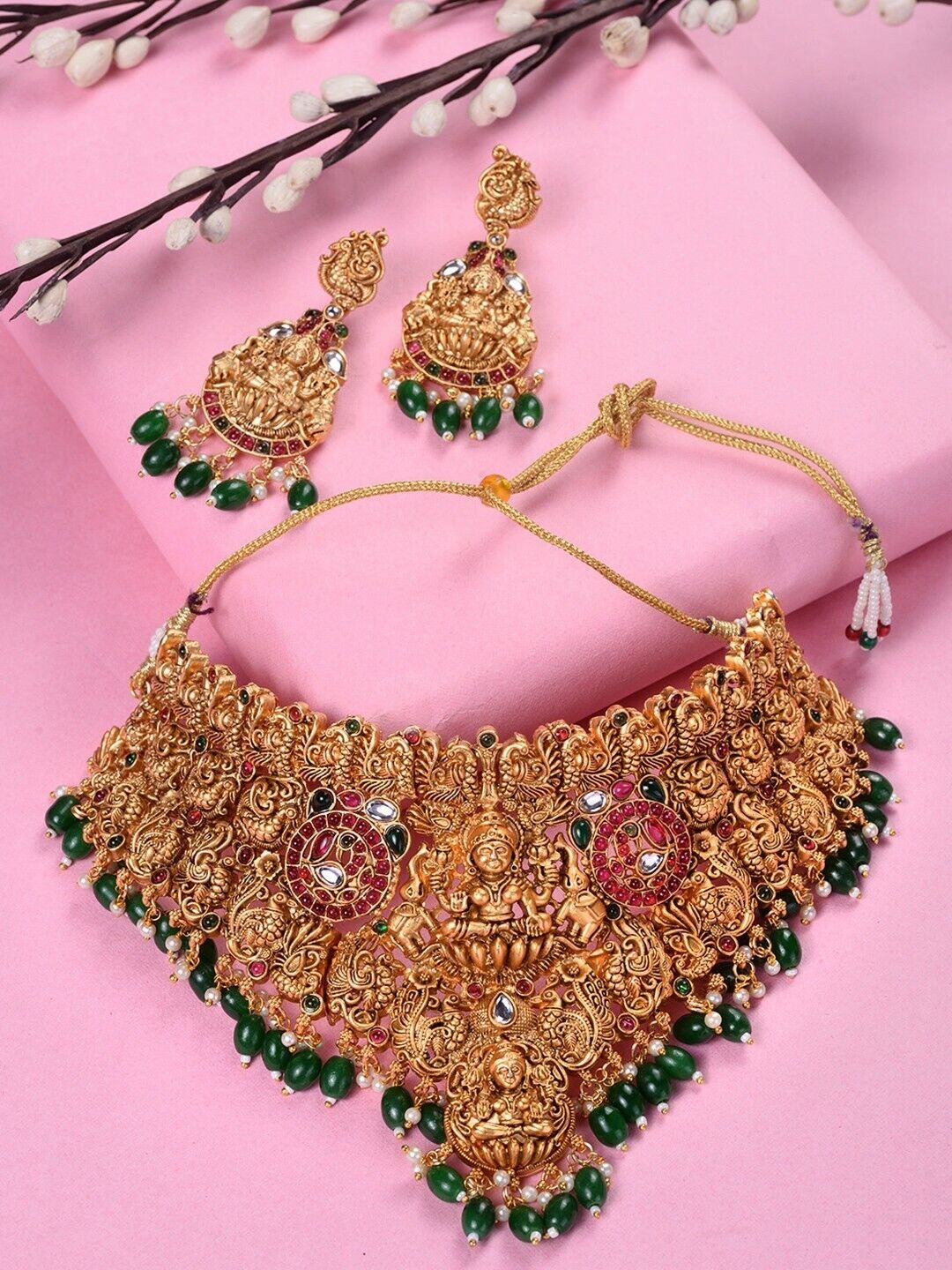 Gold-Plated Green & Pink Kundan Studded Jewellery Set