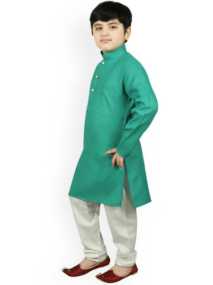 Boys Set - Eid Bollywood Diwali Green & Cream-Coloured Solid Kurta with Pyjamas