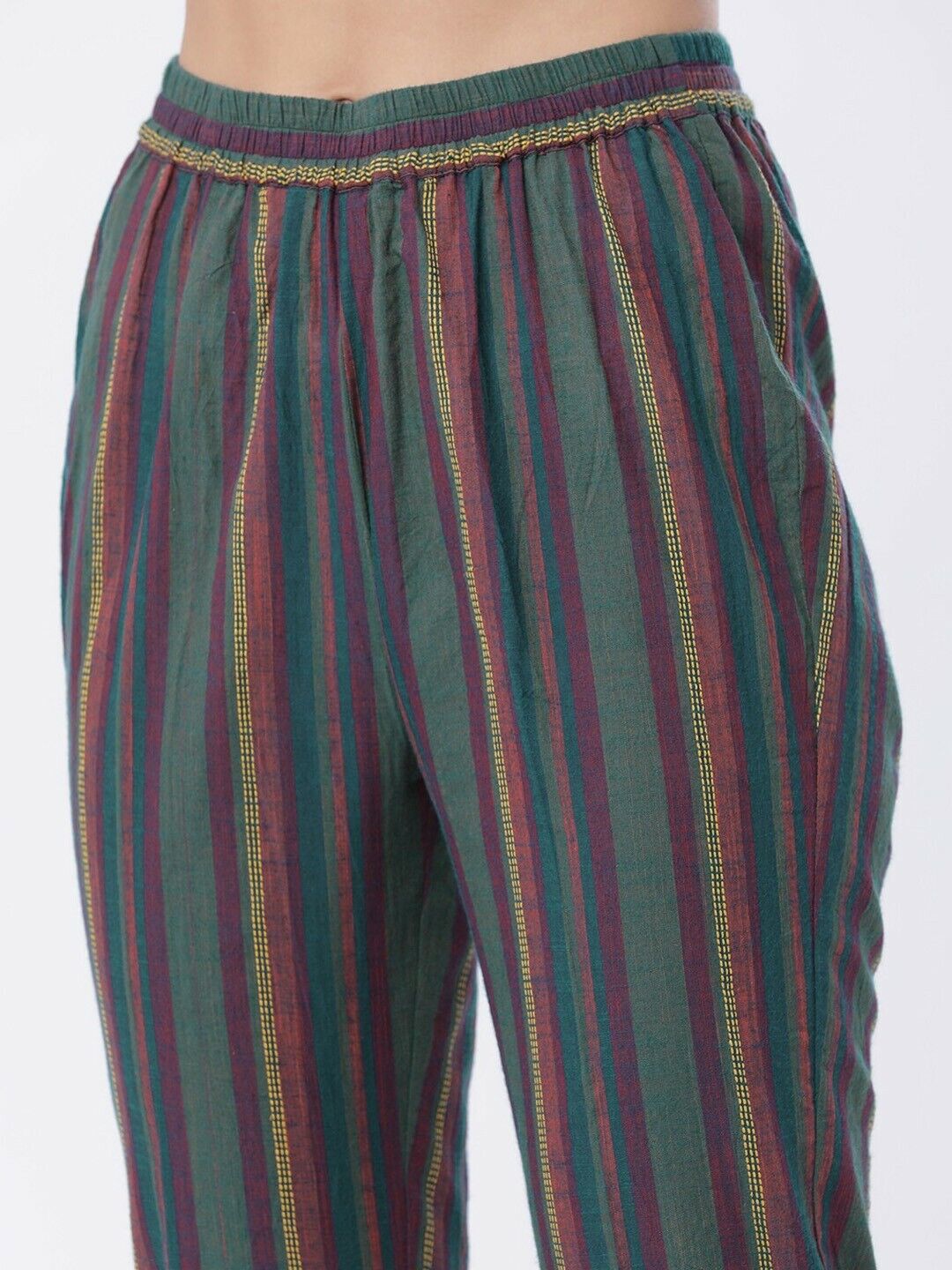 Women Trouser - Green & Pink Striped Peg Bollywood Bridal Pant Trousers