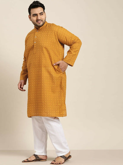 Men Kurta - Indian Traditional Diwali Wedding Mustard Yellow Embroidered Kurta