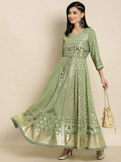 Women Dress - Bollywood India Bridal Sage Green Foil Printed Flared Ethnic Dress