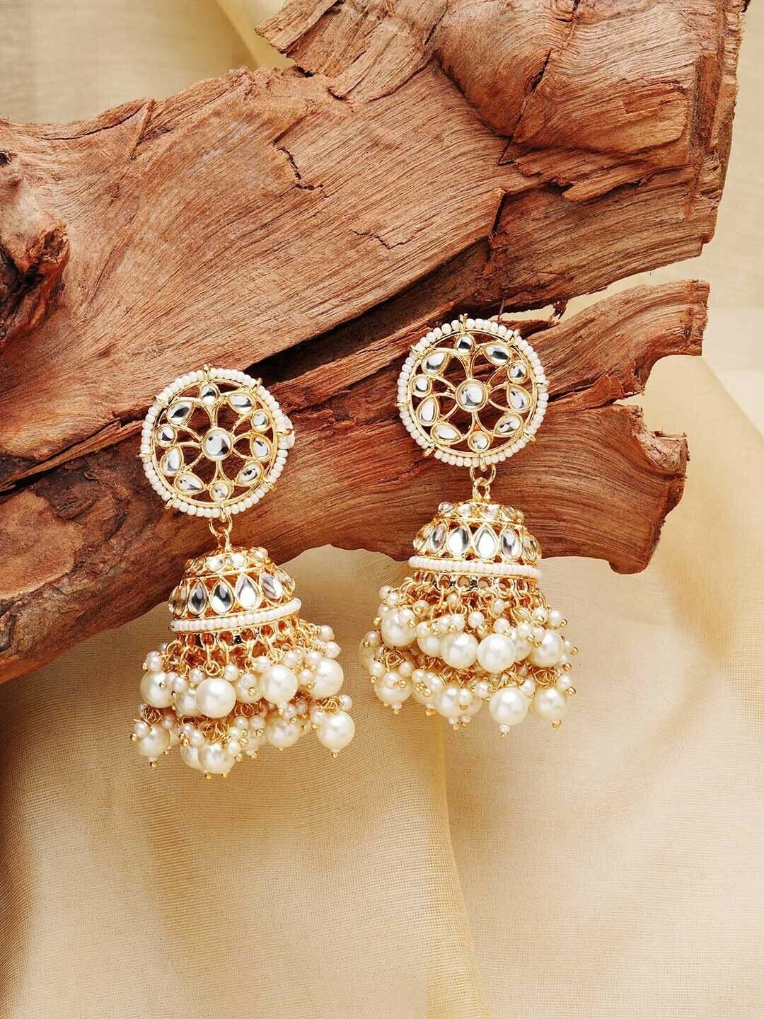 Bollywood Indian Gold-Toned & White Kundan Pearls Contemporary Jhumkas Earrings