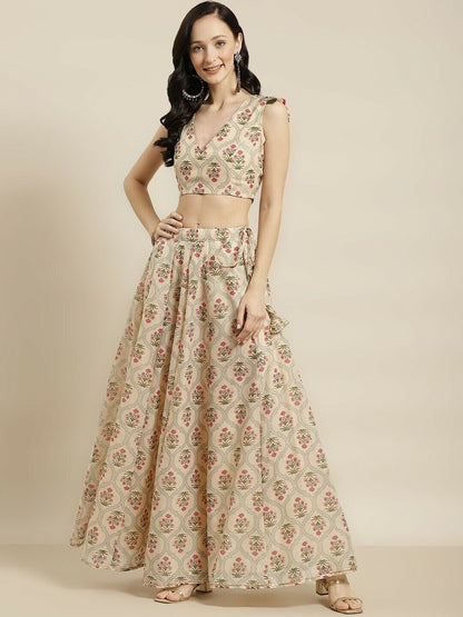 Women Lehenga - Wedding Indian Beige & Pink Printed Ready to Wear Lehenga