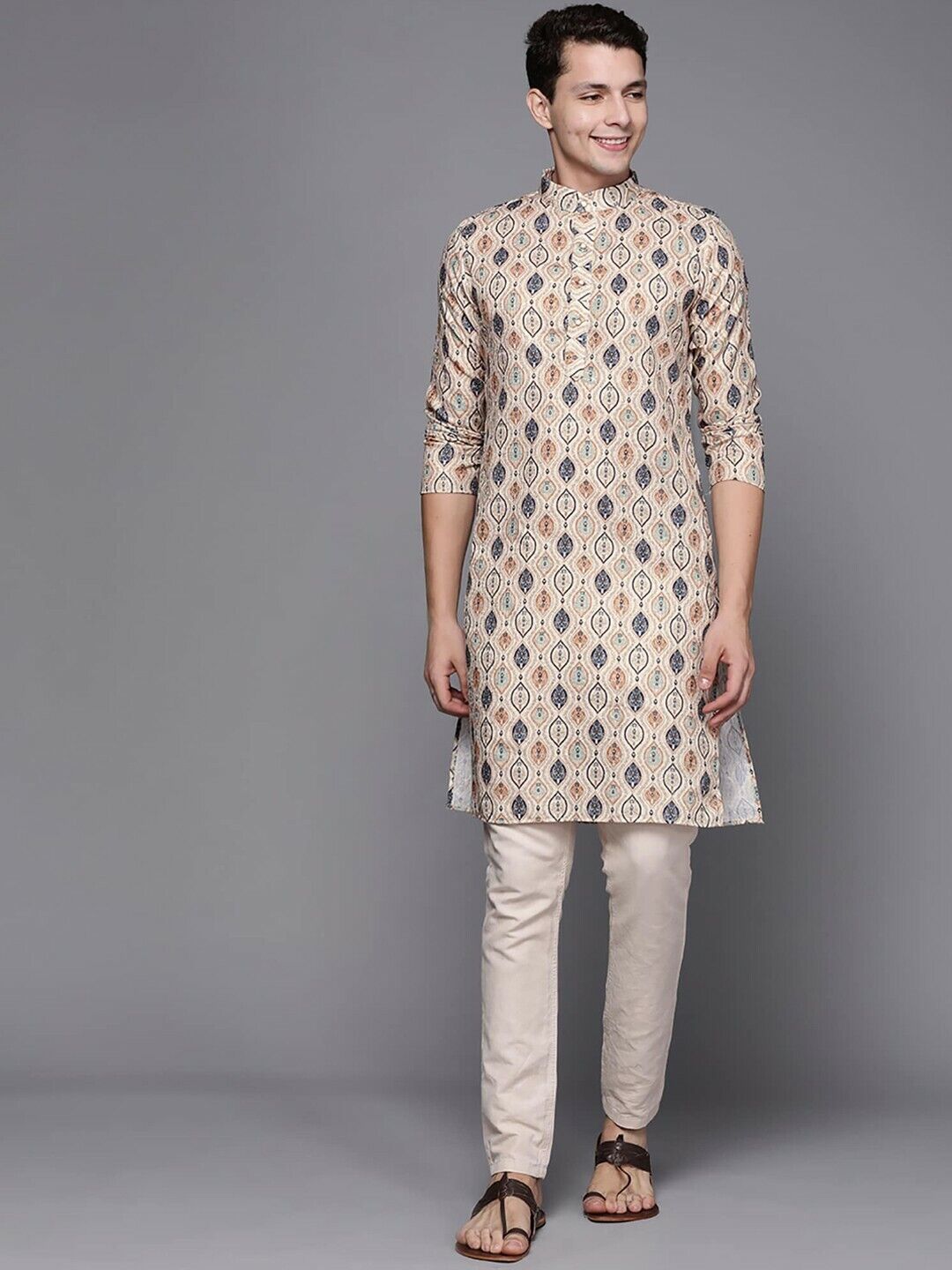 Men Kurta - Ethnic Motif Printed Mandarin Collar Sequined Pure Cotton Kurta