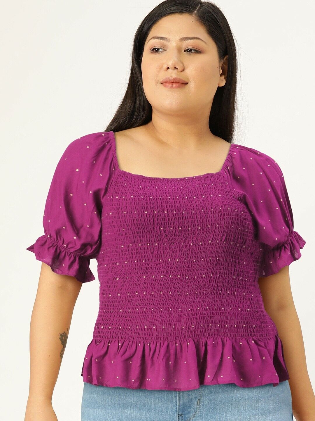 Purple & Yellow Puff Sleeve Smocked A-Line Bollywood  Tunic Tank Crop Blouse Top