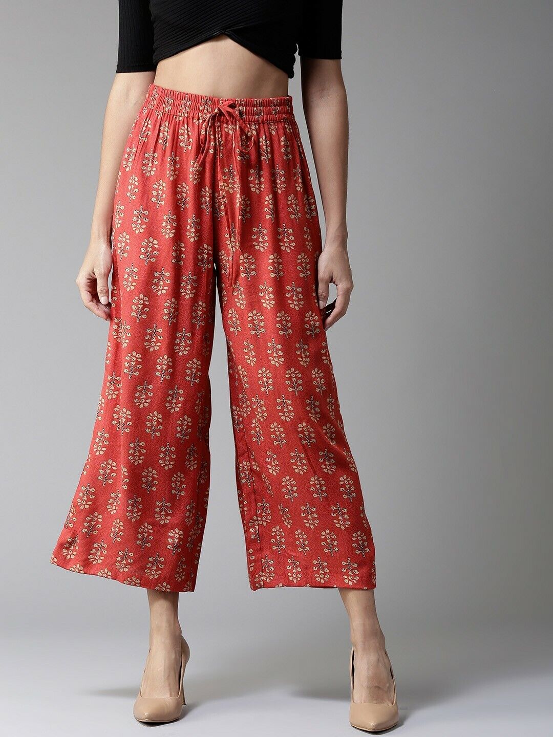 Women Trouser - Red & Beige Print Bollywood Baggy Gypsy Hippie Wide Leg Palazzos