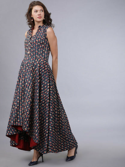 Women Dress - Bollywood India Bridal Wedding Navy Blue Printed A-Line Dress