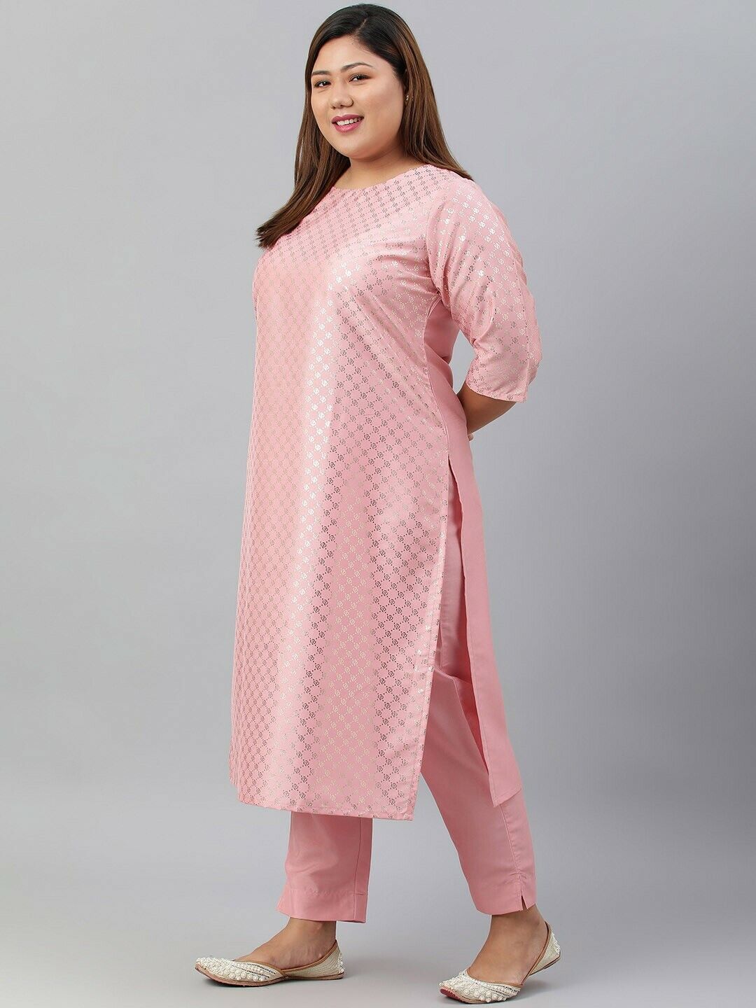 Women's Kurta Set - Plus Size Pink Poly Silk Bollywood Indian Kurta With Pant