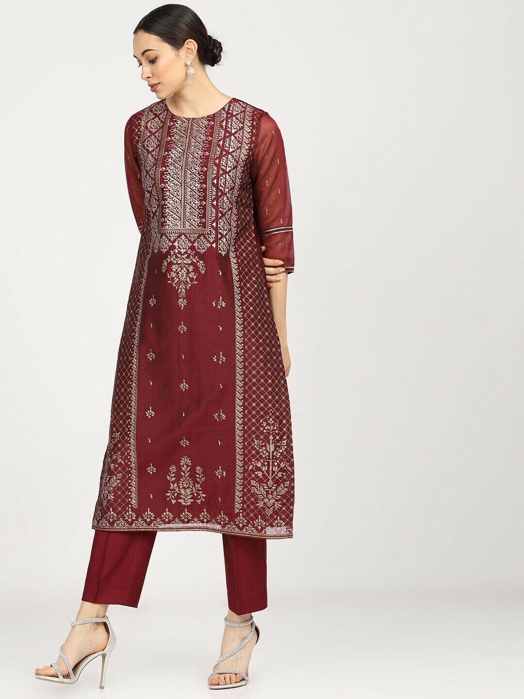 Women Kurta Set- Maroon Ethnic Motifs Regular Kurta with Palazzos & With Dupatta