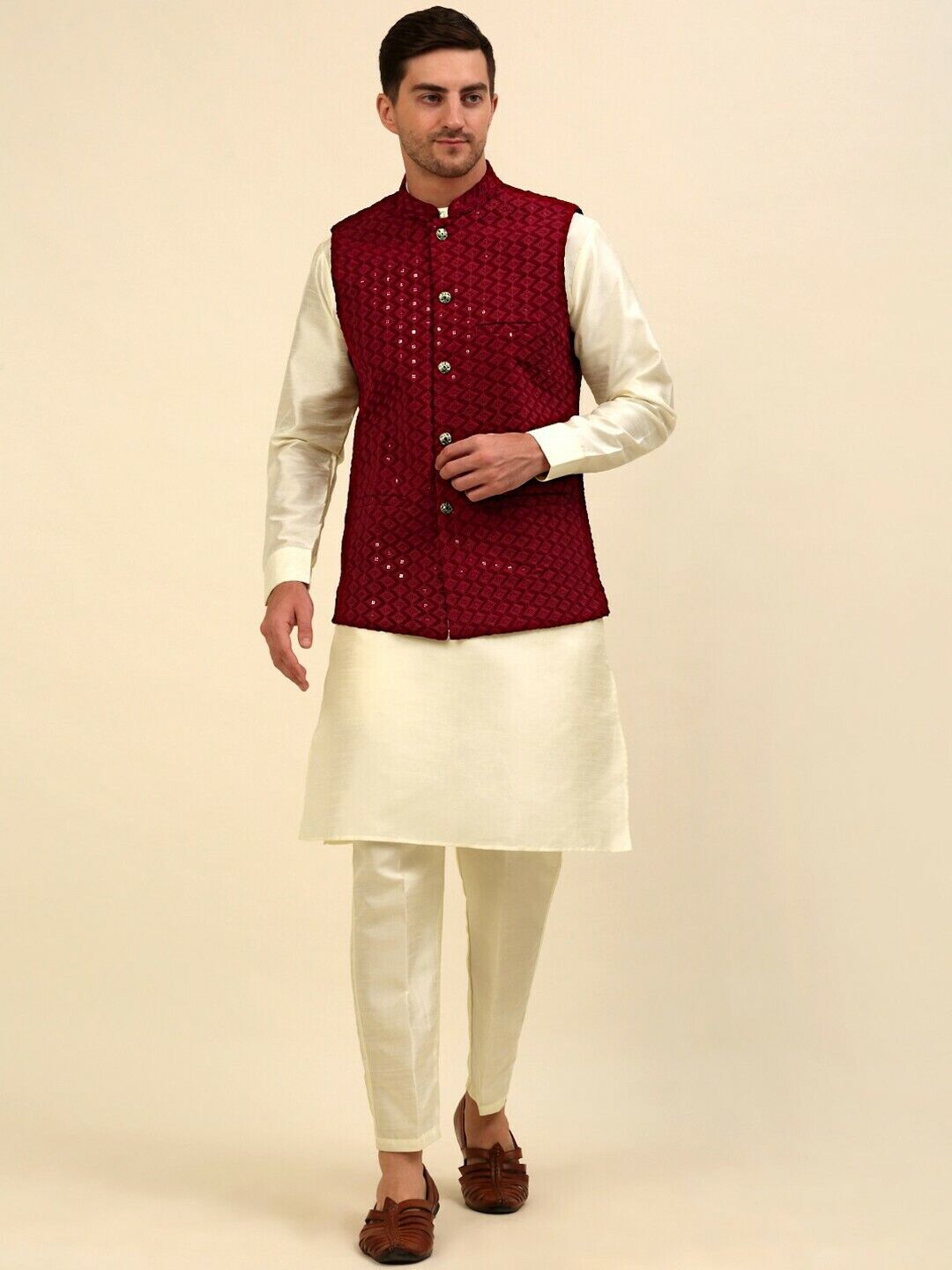 Men Jacket - Maroon Embroidered Sequined Diwali Indian Wedding Nehru Jacket