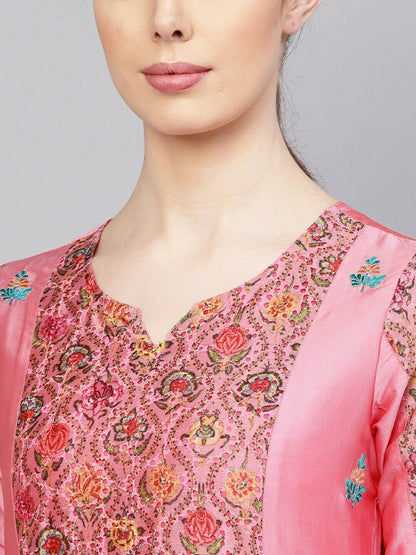 Women's Kurta Set - Bollywood Pakistani Pink & Green Printed Kurta with Trousers