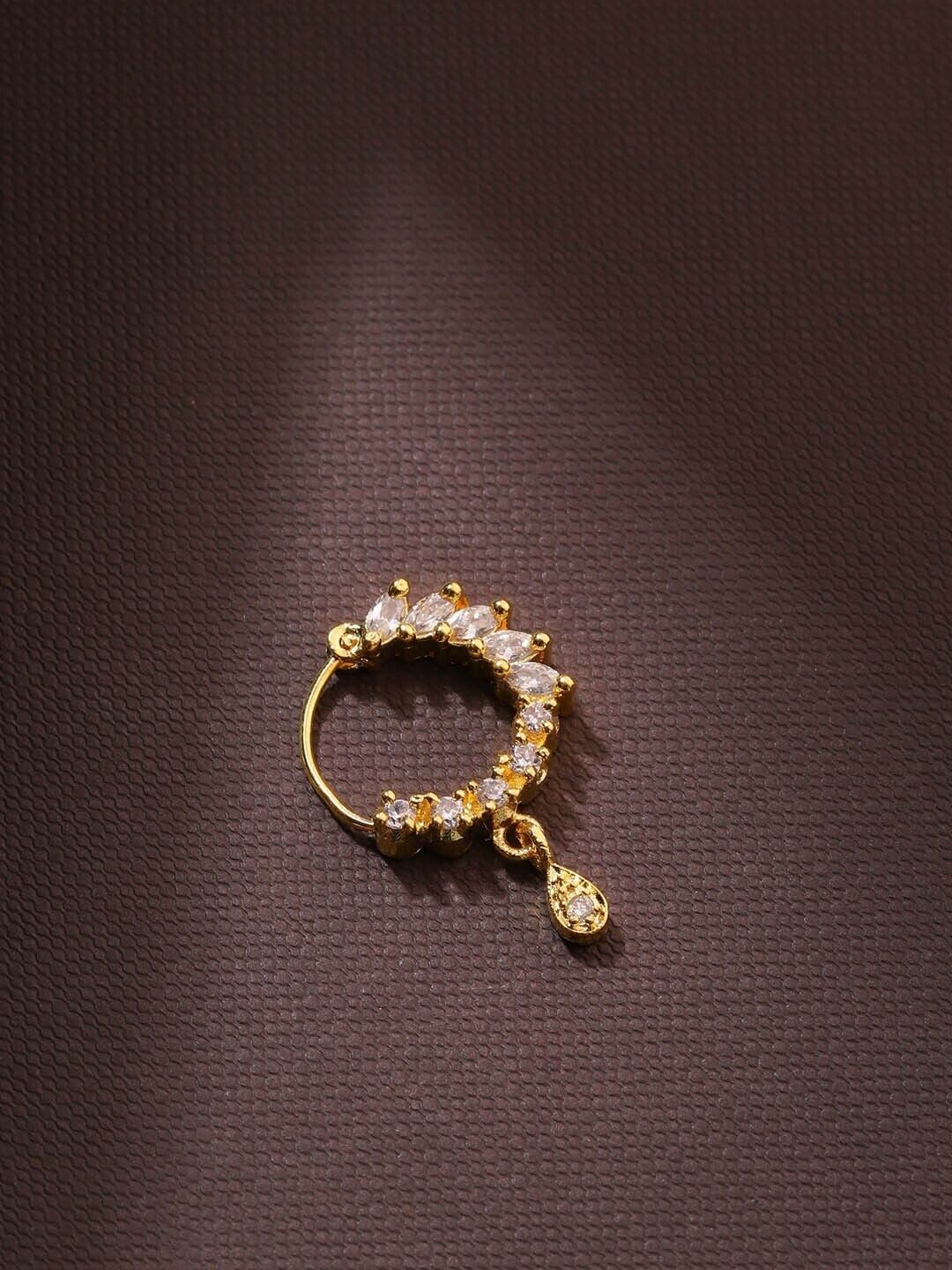 Gold-Plated American Diamond Studded Indian Bollywood Nath Nose Pin Ring