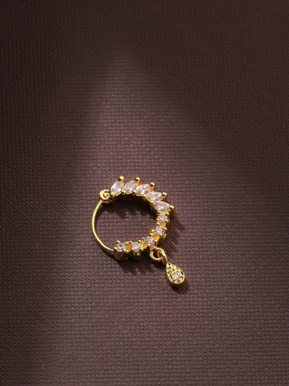 Gold-Plated American Diamond Studded Indian Bollywood Nath Nose Pin Ring