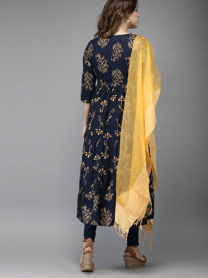 Women Kurta Set - Navy Blue & Gold-Toned Printed Kurta with Churidar & Dupatta