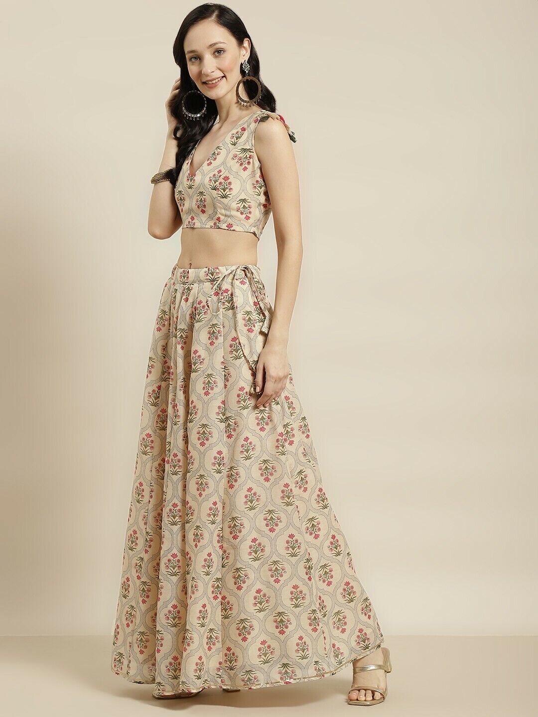 Women Lehenga - Wedding Indian Beige & Pink Printed Ready to Wear Lehenga