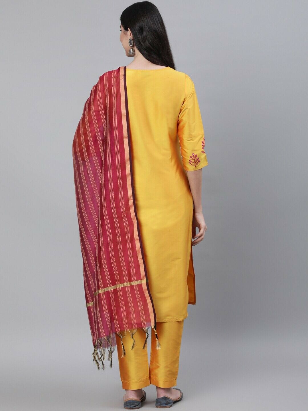 Women Kurta Set - Women Yellow Mirror Work Kurta with Trousers & With Dupatta