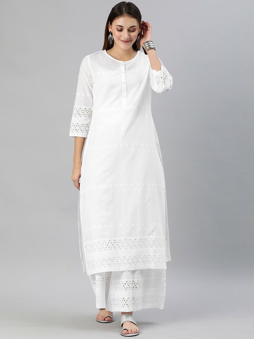 Women Kurta Set - White Embroidered Eid Diwali Bollywood Kurta with Palazzos